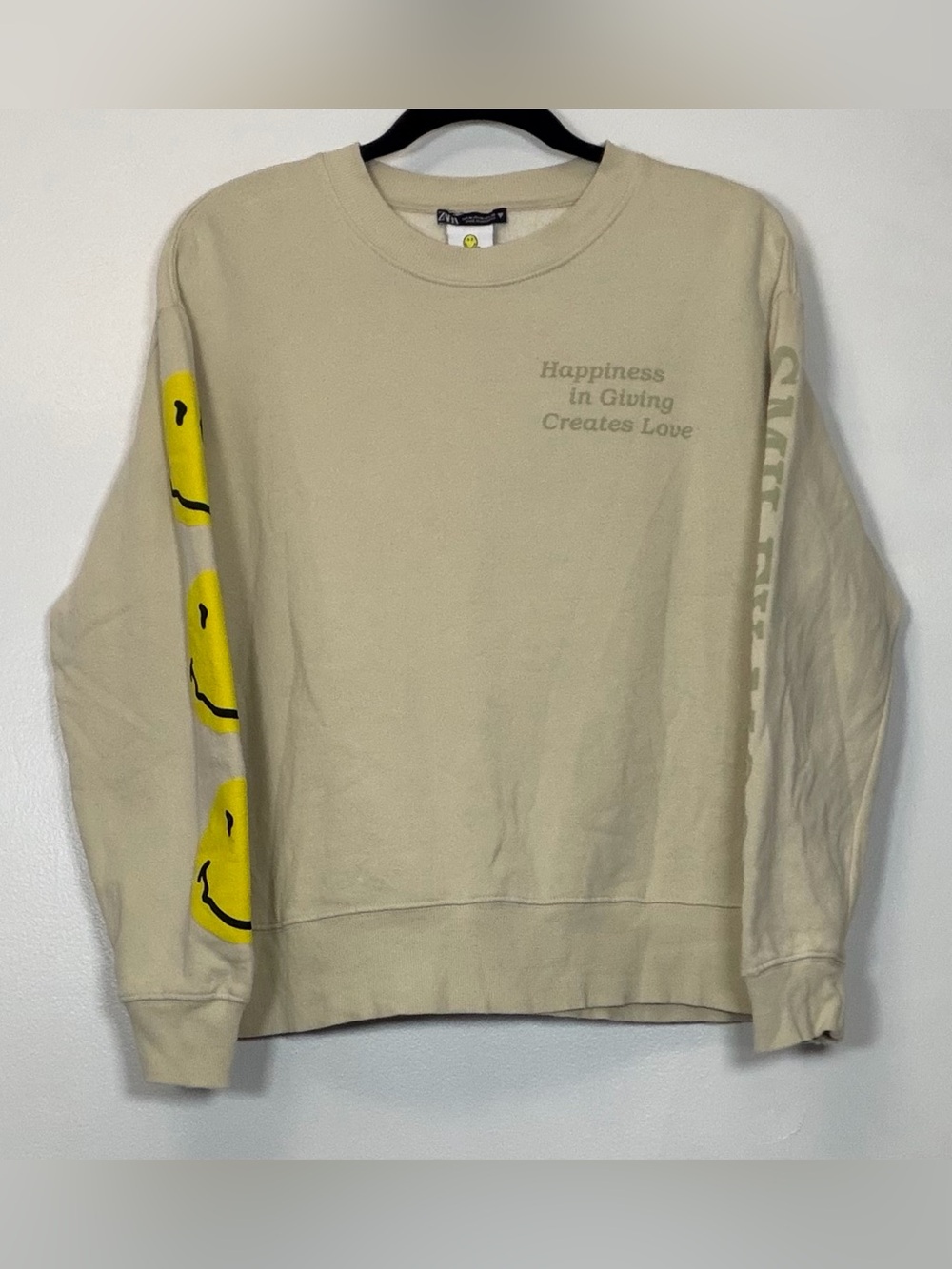 Zara Beige Sweatshirt with Yellow Smiley Graphic